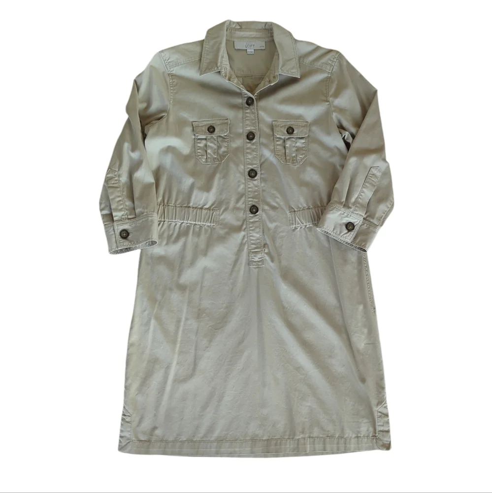 Ann Taylor Loft Khaki Safari Button Tab Sleeve Collared Dress SP Tan Pockets - Picture 11 of 16